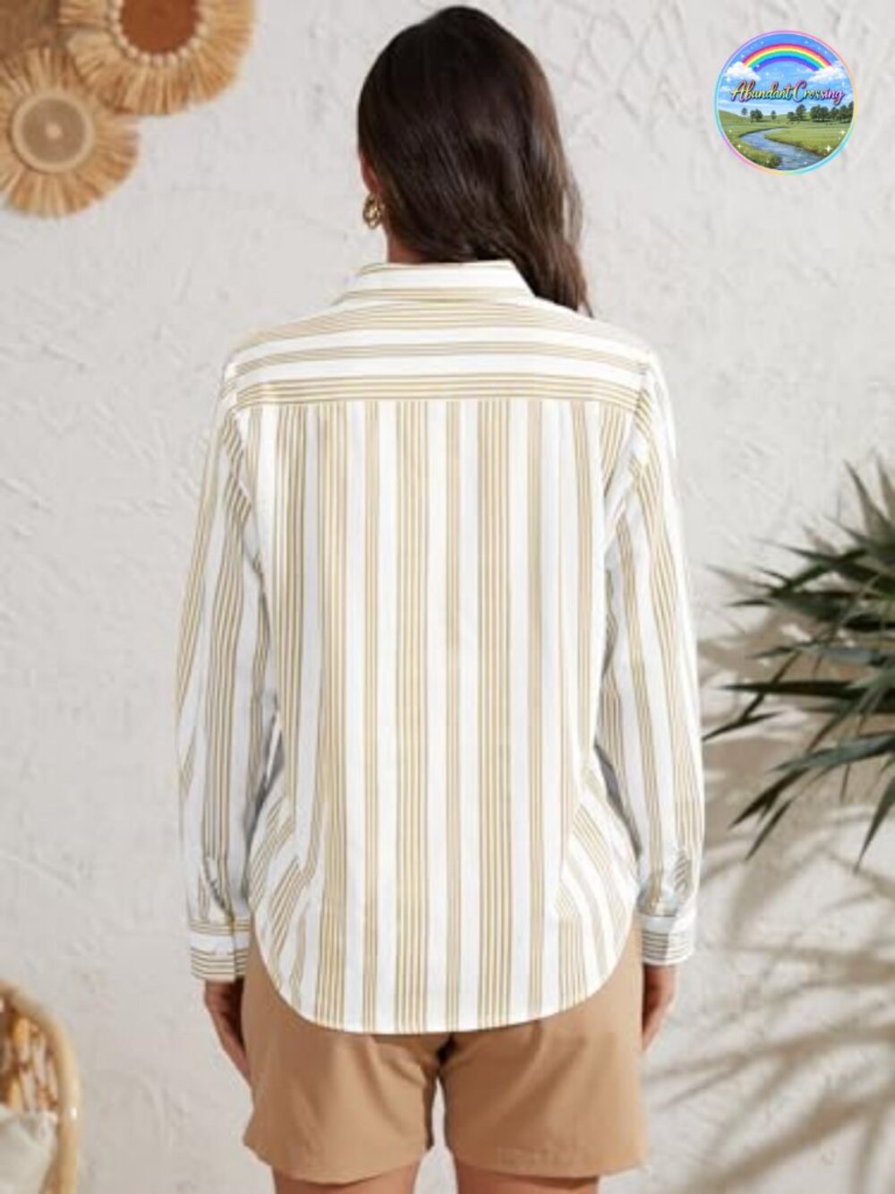 Striped Button Down Long Sleeve Blouse with Pocket Cotton Blend - Picture 4 of 7